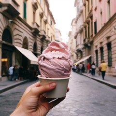 Woman hand holding strawberry ice cream 
