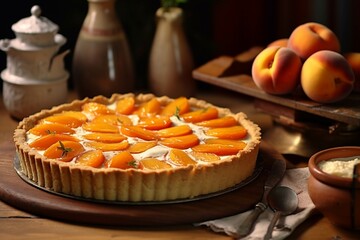 Delicious tartlets with peaches on grey table, closeup - obrazy, fototapety, plakaty