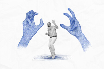 Poster picture image collage of two big human arm catch crazy scared shocked man pensioner isolated...