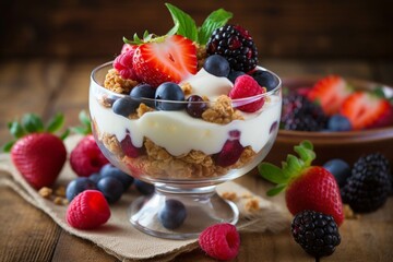 Healthy breakfast with granola, yogurt, berries and coffee. Dark background