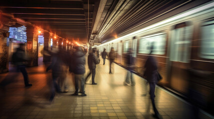 A bustling city subway station, blur of people getting on and off the train. Generative AI