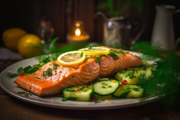 Salmon with lemon and cucumber on a wooden background. Selective focus