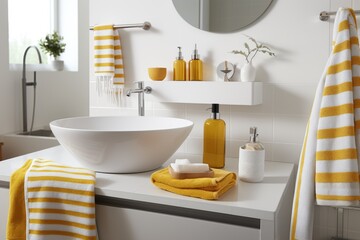 Modern bathroom interior, pile of clean towels and toiletries, white walls, sunny day
