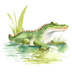 Obraz premium Crocodile in cartoon style. Cute Little Cartoon Crocodile isolated on white background. Watercolor drawing, hand-drawn Crocodile in watercolor. For children's books, for cards, 