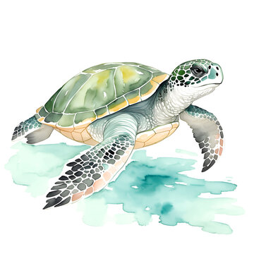 Sea turtle in cartoon style. Cute Little Cartoon Sea turtle isolated on white background. Watercolor drawing, hand-drawn Sea turtle in watercolor. For children's books, for cards, 