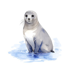 Cute Seal in cartoon style. Cute Little Cartoon Seal isolated on white background. Watercolor drawing, hand-drawn Seal in watercolor. For children's books, for cards, Children's illustration.