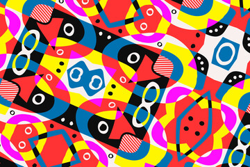 Naklejka premium Modern contemporary trendy illustration. Abstract hand drawn background with different color geometric objects. Minimal style composition. Abstract color trendy shapes. Banner and poster design.