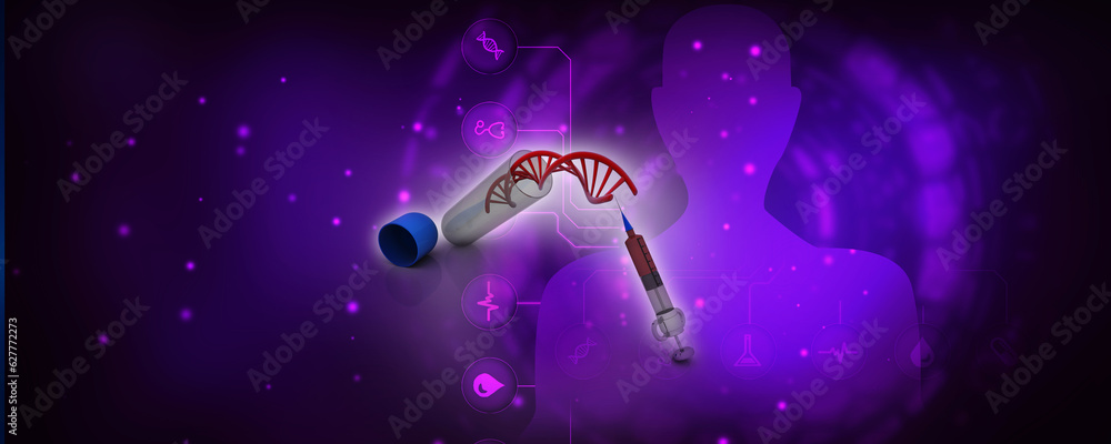 Poster 3d render of dna structure with syringe