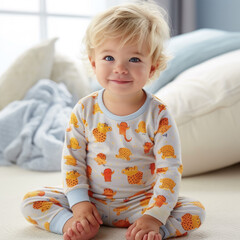 Happy cute adorable toddler boy, sweet 3 year old kid in pajamas sitting on bed after nap sleep