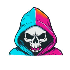 Isolated cartoon illustration of a skull with a thug-inspired street vibe, wearing a colorful hoodie that embodies urban fashion