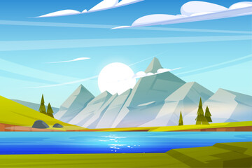 scenery lake, mountain and tree landscape sunrise background