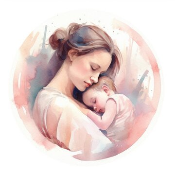 Mom and child kid hugging, watercolor, poster, Mother's day card design, happy family image