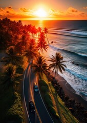 Aerial view on road with red car, with sunset, sea and palms. Summer travel concept. Wallpaper.