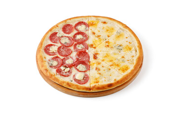 double pizza with pepperoni and dor blue cheese on white background for food delivery restaurant menu