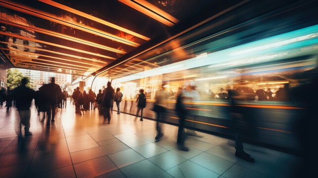 A bustling city subway station, blur of people getting on and off the train. Generative AI