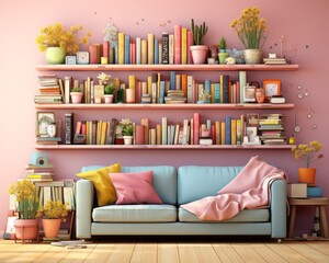 A cozy den, full of furniture, bookshelves, and vibrant houseplants, with a comfortable couch and colorful cushions, creates a warm and inviting atmosphere