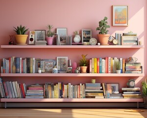 A vibrant and lively home library with pink shelves overflowing with books and houseplants in flowerpots, creating an inviting atmosphere of warmth and knowledge