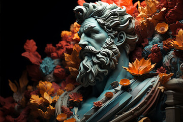 Stoic Philosopher Greek Statue with Autumn Leaves and Flowers, Modern Renaissance Digital Concept Render
