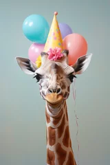 Fototapeten A majestic giraffe adorned with a festive party hat and colorful balloons stands tall, reminding us of the joys of being alive and celebrating the beauty of the natural world © Glittering Humanity