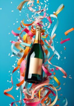 The effervescent liquid in the bottle of champagne sparkles with joy as the vibrant streamers swirl around, creating a magical and celebratory atmosphere