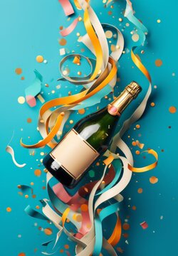 An abstract art piece featuring a bottle of champagne bursting with vibrant confetti electrifies the circuit of creativity