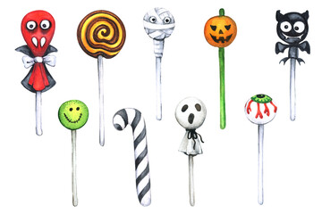 Watercolor Halloween Lollipop. Lolipops on the White Background. Halloween Caramel
