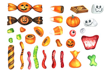 Watercolor Halloween Candy. Sweets on the White Background. Halloween Sweets
