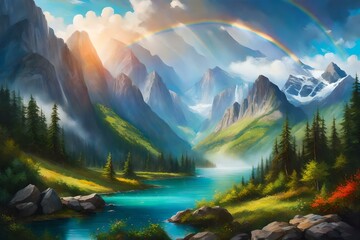 view of mountain with rainbow on sunrise