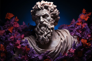 Modern Stoic Philosopher Greek Statue with Autumn Leaves and Flowers, Modern Renaissance Digital Concept Render