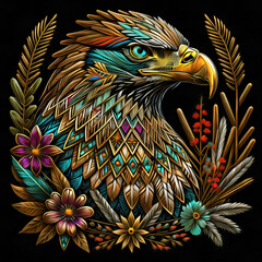 Western Wilderness eagle, Indigenous American, Illustration, trendy wildflower botanical elements, enclosed garden, vibrant colors, poster size, poster print, metallic thread. 