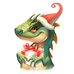 Fantasy cute dragon in Santa Hat and with gift box. New Year 2024