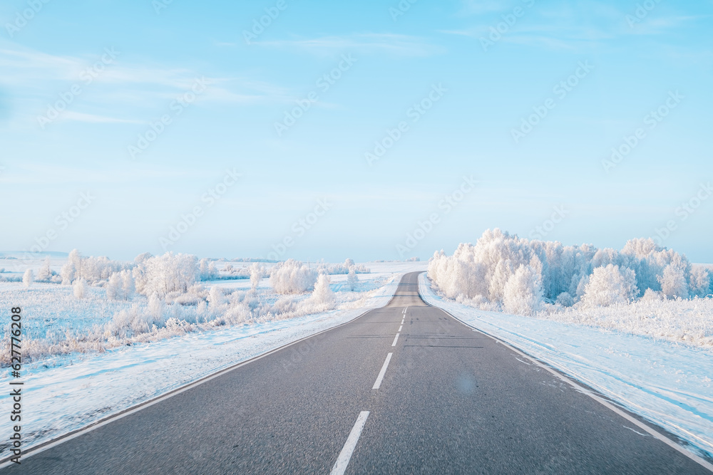 Wall mural winter landscape, car road, fresh frosty sunny day