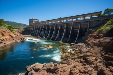 River Water Flowing Through a Massive Concrete Hydro Electric Dam, Renewable Energy Digital Concept Render