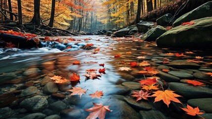 A yellow-orange maple leaf floating in a stream. The bright color of the autumn season of nature. Generative AI