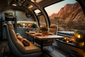 Interior of a Futuristic Autonomous Self-Driving Off The Grid RV Home, Autonomous Futurism Concept Render 