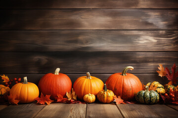 Selection of various pumpkins on dark wooden background with copy space. Autumn vegetables and seasonal decorations