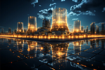 Futuristic Nuclear Power Plants  and Grid , Nuclear Technology Futurism Digital Concept Render