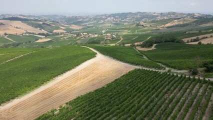 Europe, Italy, Oltrepo' Pavese Montalto - drone aerial view of amazing landscape countryside nature with vineyard production of vine area near Broni between Lombardy e Tuscany region 