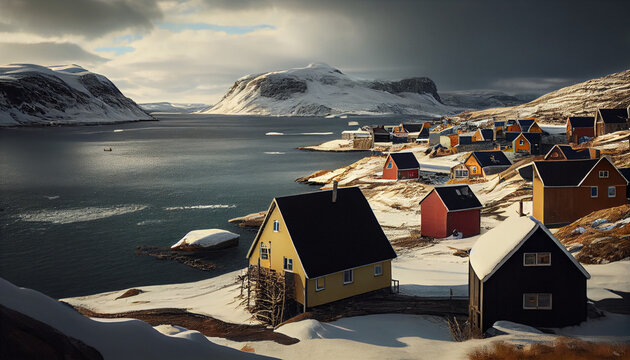 A Greenland seaside village in the style of Qaqortoq in winter, beautiful day, natural background Ai generated image