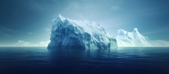 Iceberg in clear blue water and hidden danger under water. Global Warming Concept. Floating ice in ocean. Copyspace for text.