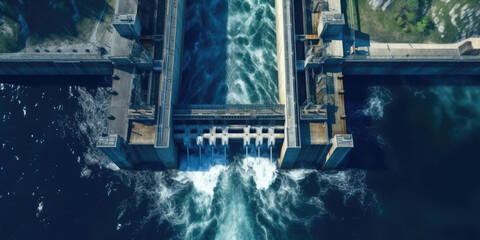 Aerial top view hydroelectric dam, water discharge through locks, blue color banner industrial concept
