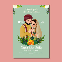  Wedding invitation card the bride and groom cute couple in traditional indian dress cartoon character. Vector illustration