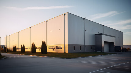 Logistics center, warehouse or large retail store under a blue sky. Generative AI - obrazy, fototapety, plakaty