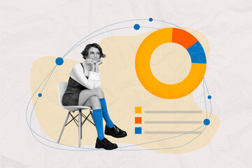 Collage image of minded black white effect girl sit chair contemplate diagram statistics isolated on painted creative background