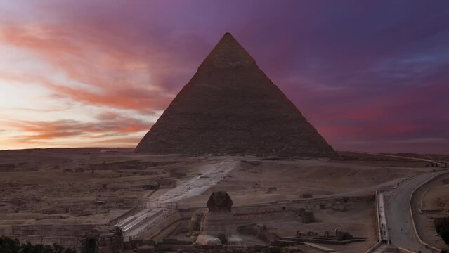 Timelapse of ssunset at Pyramid complex of Giza, in Cairo, Egypt.