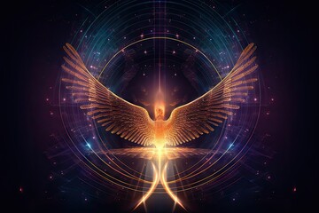 Abstract Art Design with Golden and Purple Swirl Feather Wing and Decorative Lighting on Beautiful Light Background