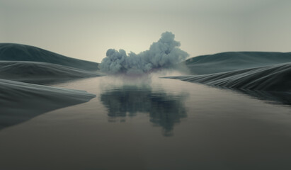 Abstract landscape with a cloud above a lake. Dreaming and freedom concept.