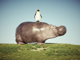 Penguin standing on baby hippopotamus. Friendship and social events concept.