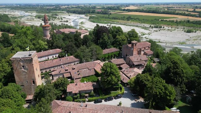 Europe, Italy , Rivergaro , Emilia Romagna - Drone aerial view of Rivalta Castle near Trebbia river 