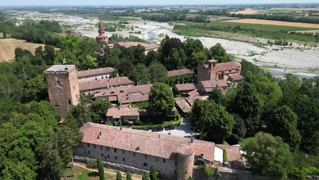 Europe, Italy , Rivergaro , Emilia Romagna - Drone aerial view of Rivalta Castle near Trebbia river 